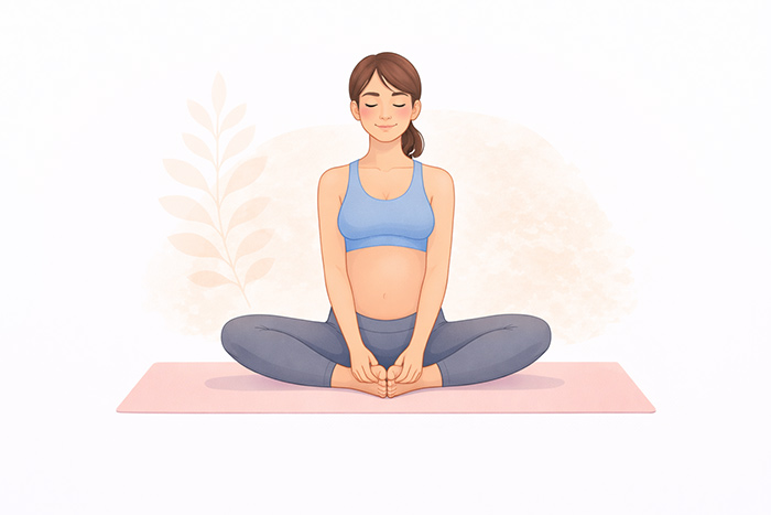 Mulher grávida praticando Baddha Konasana, postura da borboleta, sentada no tapete com pés unidos e joelhos abertos.