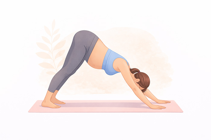 Gestante praticando Adho Mukha Svanasana, postura do cão olhando para baixo, em tapete de yoga. 