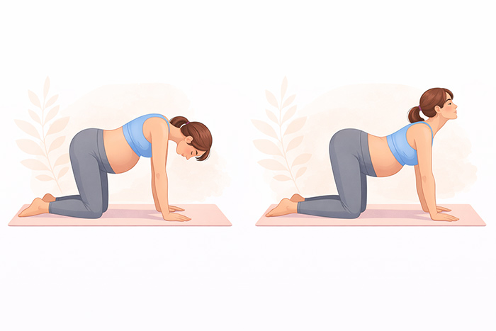Mulher grávida realizando Marjariasana, sequência de gato e vaca em posição de quatro apoios.
