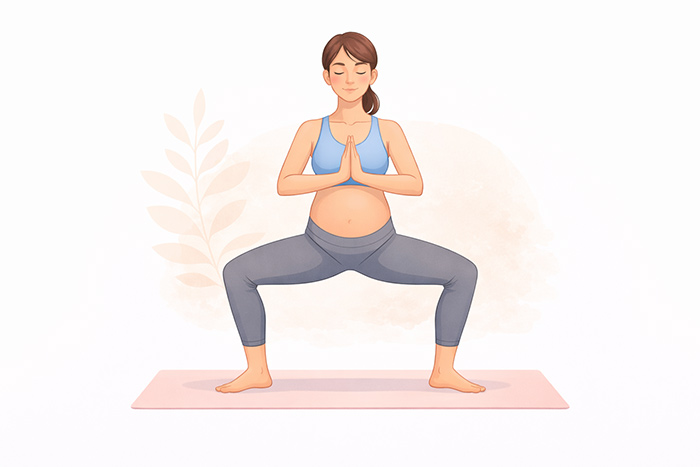 Mulher grávida praticando Utkata Konasana, postura da deusa com pernas abertas e joelhos flexionados.