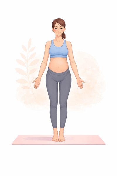 Mulher grávida em Tadasana, postura da montanha, em pé com postura ereta e braços relaxados.