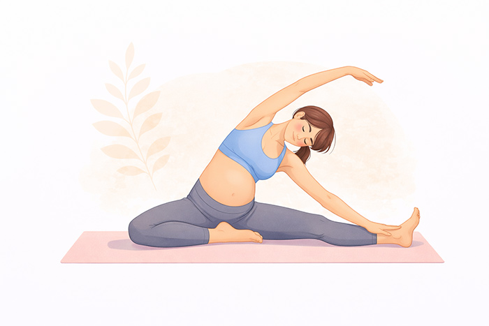 Gestante realizando Parivrtta Janu Sirsasana, torção lateral sentada com um braço estendido sobre a cabeça.