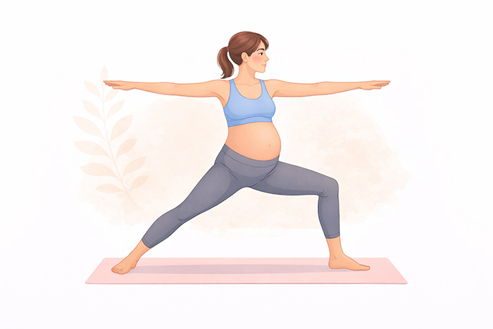 Gestante em Virabhadrasana II, postura do guerreiro II com pernas afastadas e braços estendidos.