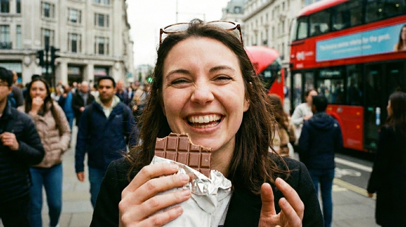 Mulher sorrindo enquanto segura chocolate artesanal, representando chocolate de qualidade e experiência de degustação. 